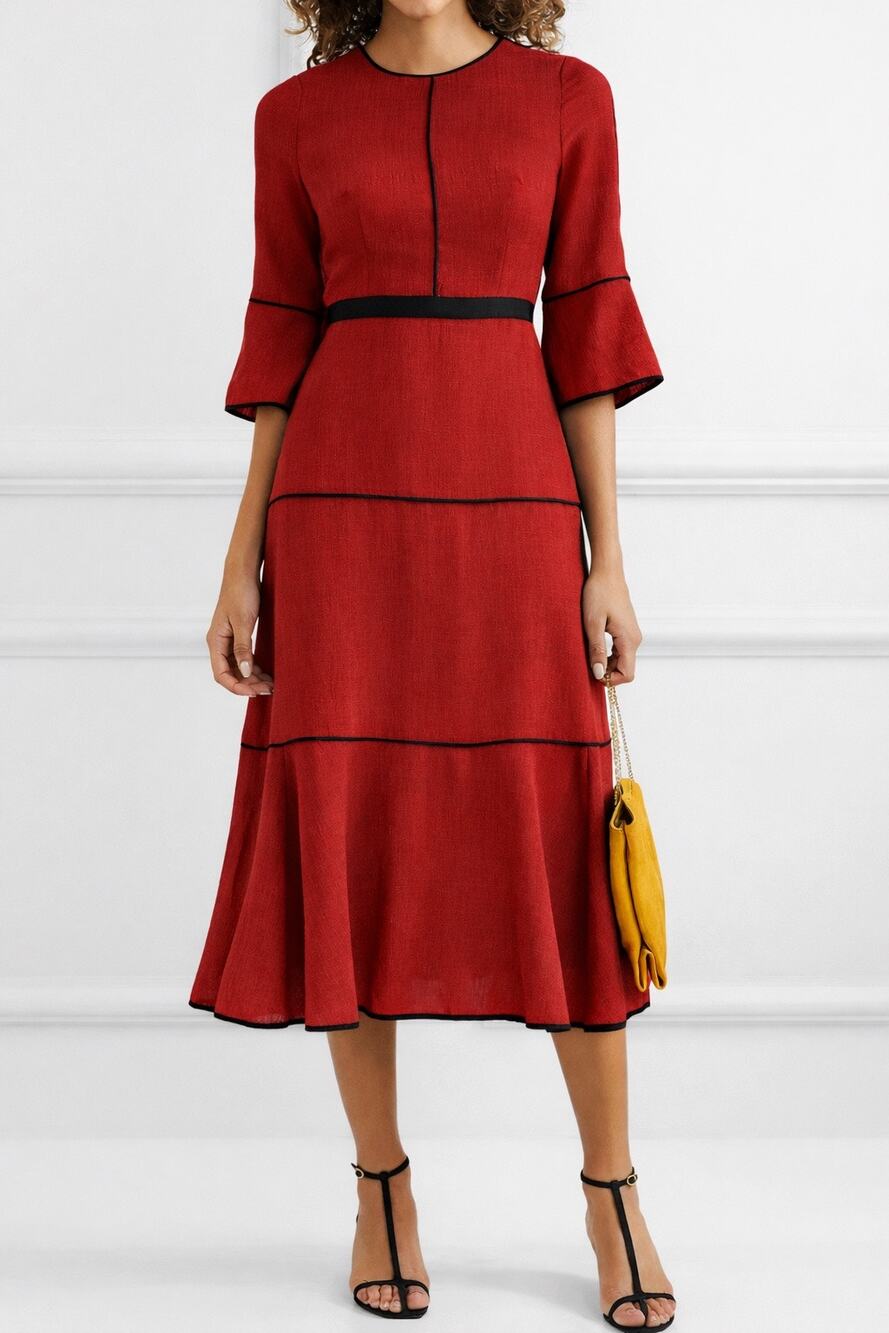 CEFINN Grosgrain-Trimmed Voile Tyler Midi Maxi Dress Red Black 8 Preppy